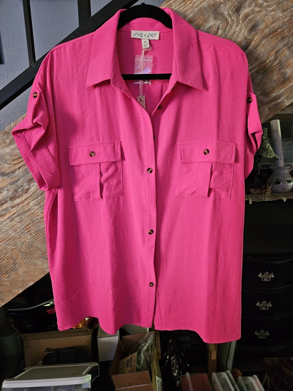 Hot Pink Short Sleeve Button-Front Utility Shirt